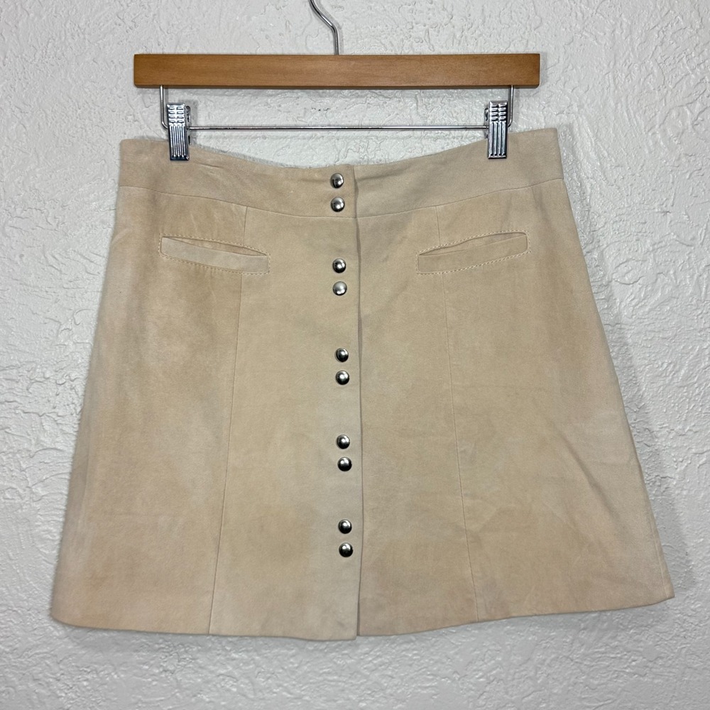 Intermix‎ Suede Mini Skirt L Sierra Tan Leather Snap Concert Luxury Western Boho